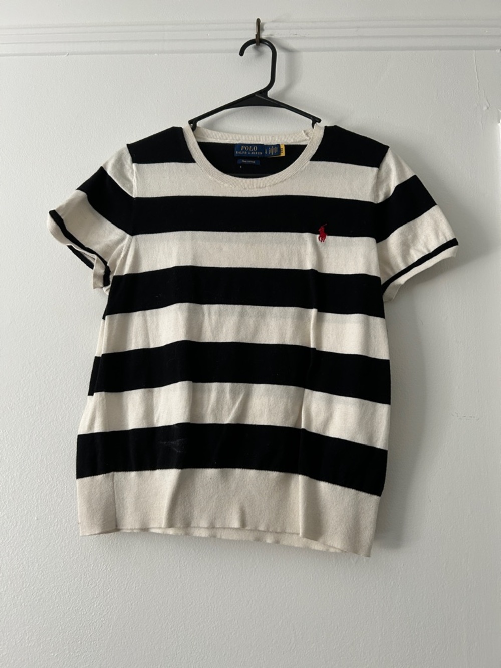 Polo Ralph Lauren Black & White Striped Cotton Lightweight Sweater T, Size Large